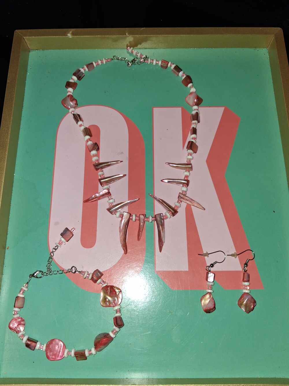 Pink Shell Spike Necklace, Bracelet & Earrings Set - Unbranded